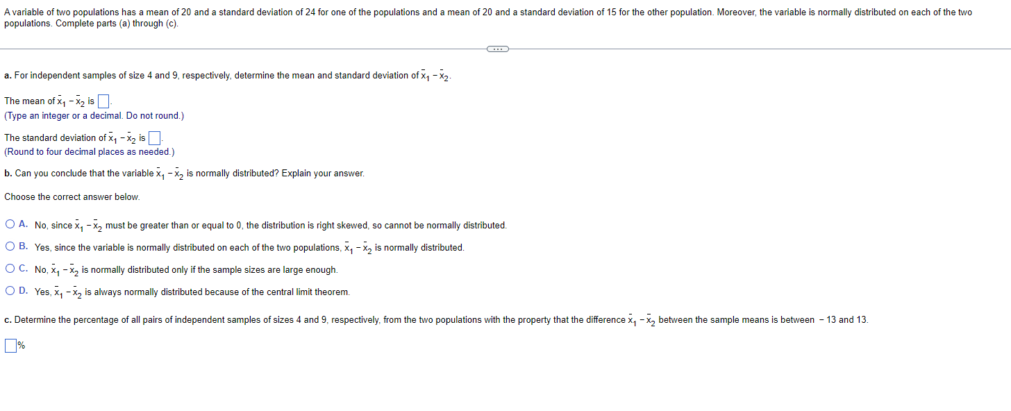 A Variable Of Two Populations Has A Mean Of 20 And A Standard Deviation Of 24 For One Of The Populations And A Mean Of 2 1