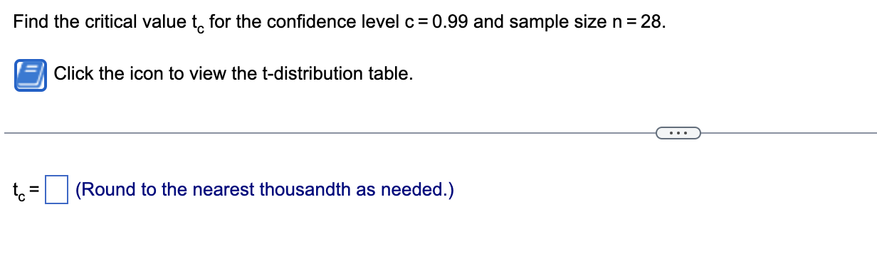 Find The Critical Value To For The Confidence Level C 0 99 And Sample Size N 28 Click The Icon To View The T Distri 1