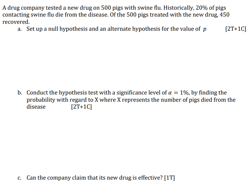 A Drug Company Tested A New Drug On 500 Pigs With Swine Flu Historically 20 Of Pigs Contacting Swine Flu Die From The 1