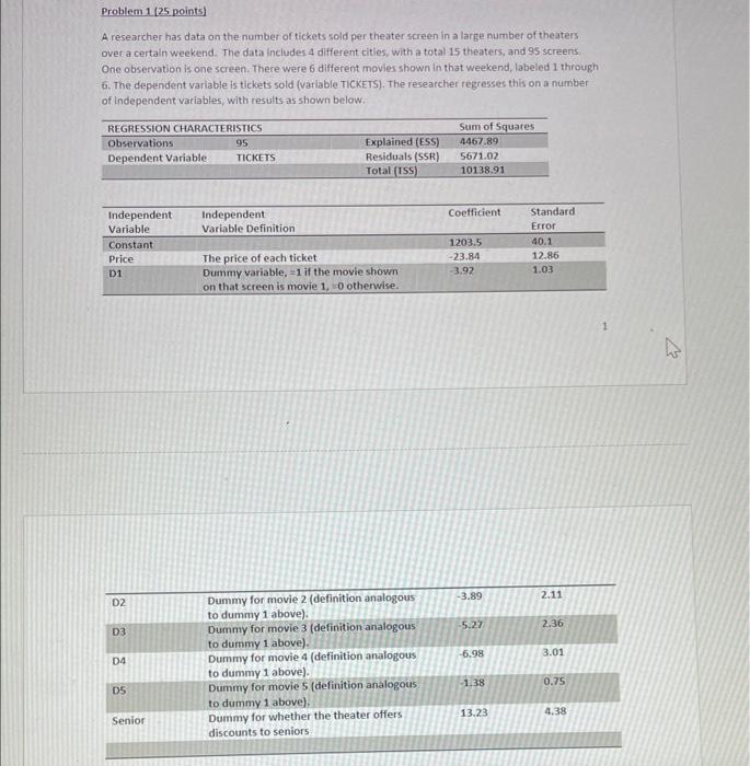 Problem 1 25 Points A Researcher Has Data On The Number Of Tickets Sold Per Theater Screen In A Large Number Of Theate 1