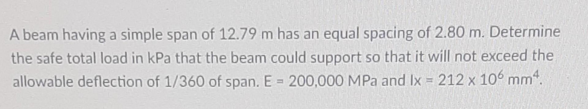 A Beam Having A Simple Span Of 12 79 M Has An Equal Spacing Of 2 80 M Determine The Safe Total Load In Kpa That The Bea 1