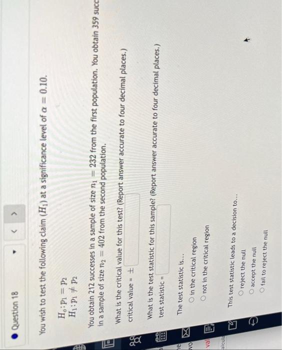 Ala 8 8 He No You Wish To Test The Following Claim H At A Significance Level Of A 0 10 Ho P1 P2 H P P2 8 Que 1