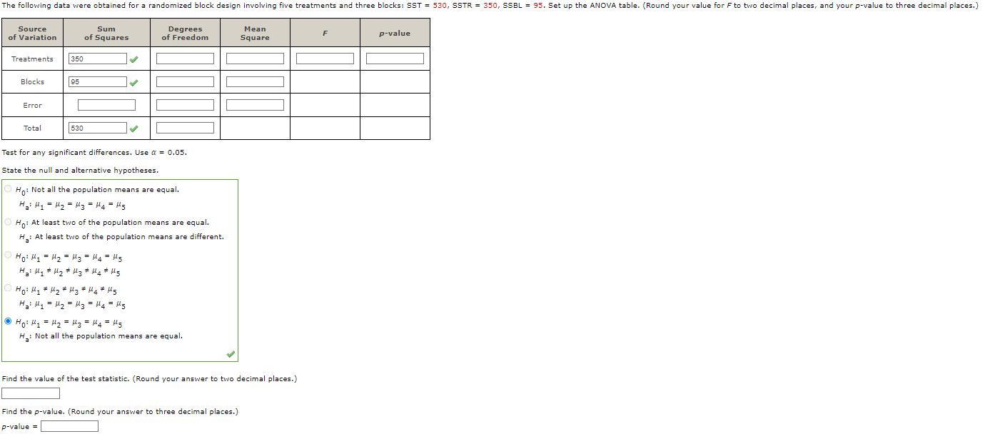 The Following Data Were Obtained For A Randomized Block Design Involving Five Treatments And Three Blocks Sst 530 Ss 1