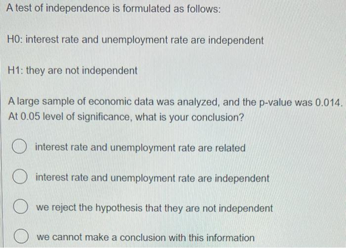 A Test Of Independence Is Formulated As Follows Ho Interest Rate And Unemployment Rate Are Independent H1 They Are No 1