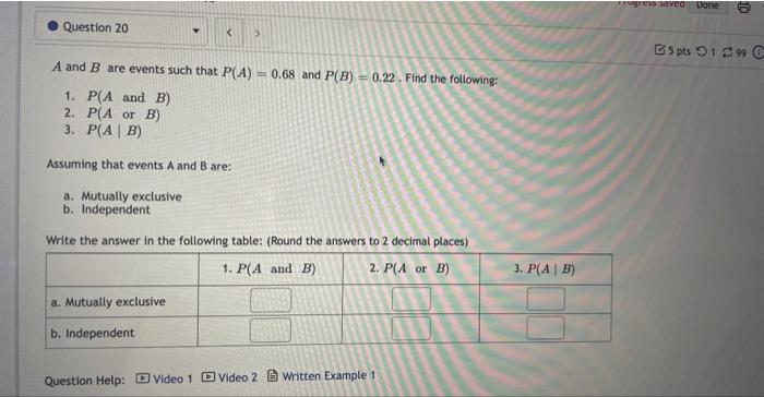Question 20 A And B Are Events Such That P A 0 68 And P B 0 22 Find The Following 1 P A And B 2 P A Or B 1