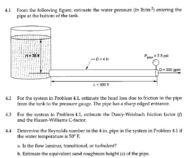 4 1 From The Following Figure Estimate The Water Pressure In Lb In Entering The Pipe At The Bottom Of The Tank 2 1