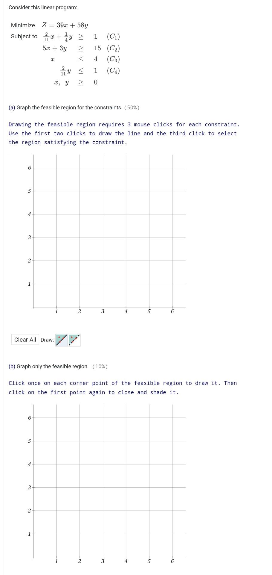 Consider This Linear Program Minimize Z 39x 58y Subject Tox Y 2 5x 3y 6 5 A Graph The Feasible Region For The 1