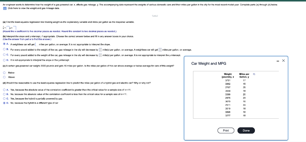 An Engineer Wants To Determine How The Weight Of A Gas Powered Car X Affects Gas Mileage Y The Accompanying Data Rep 1