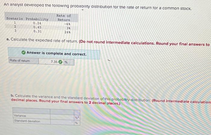An Analyst Developed The Following Probability Distribution For The Rate Of Return For A Common Stock Scenario Probabil 1