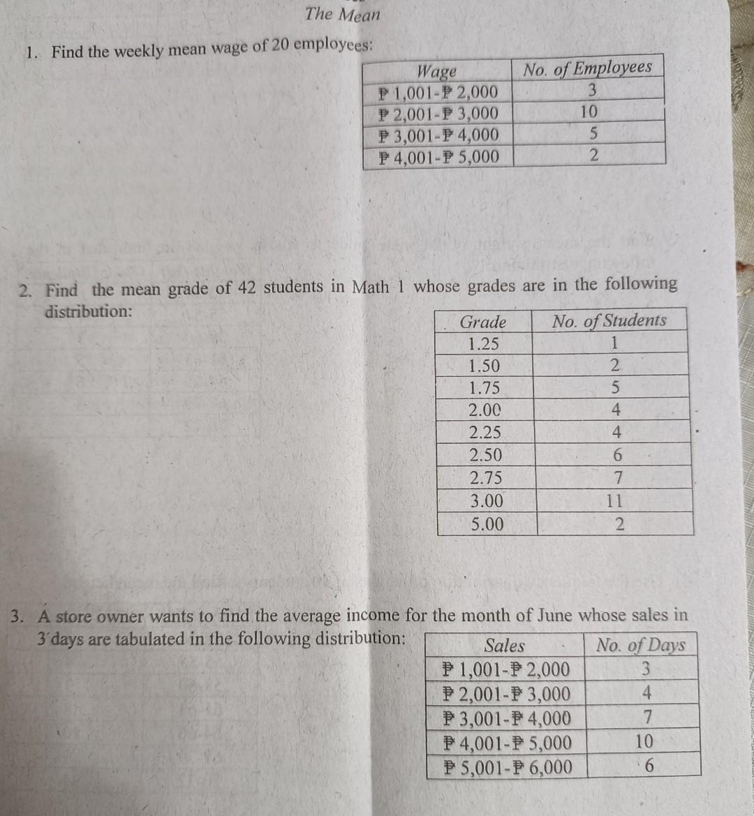 The Mean 1 Find The Weekly Mean Wage Of 20 Employees Wage P 1 001 P2 000 P2 001 P 3 000 P 3 001 P4 000 P4 001 P5 000 N 1