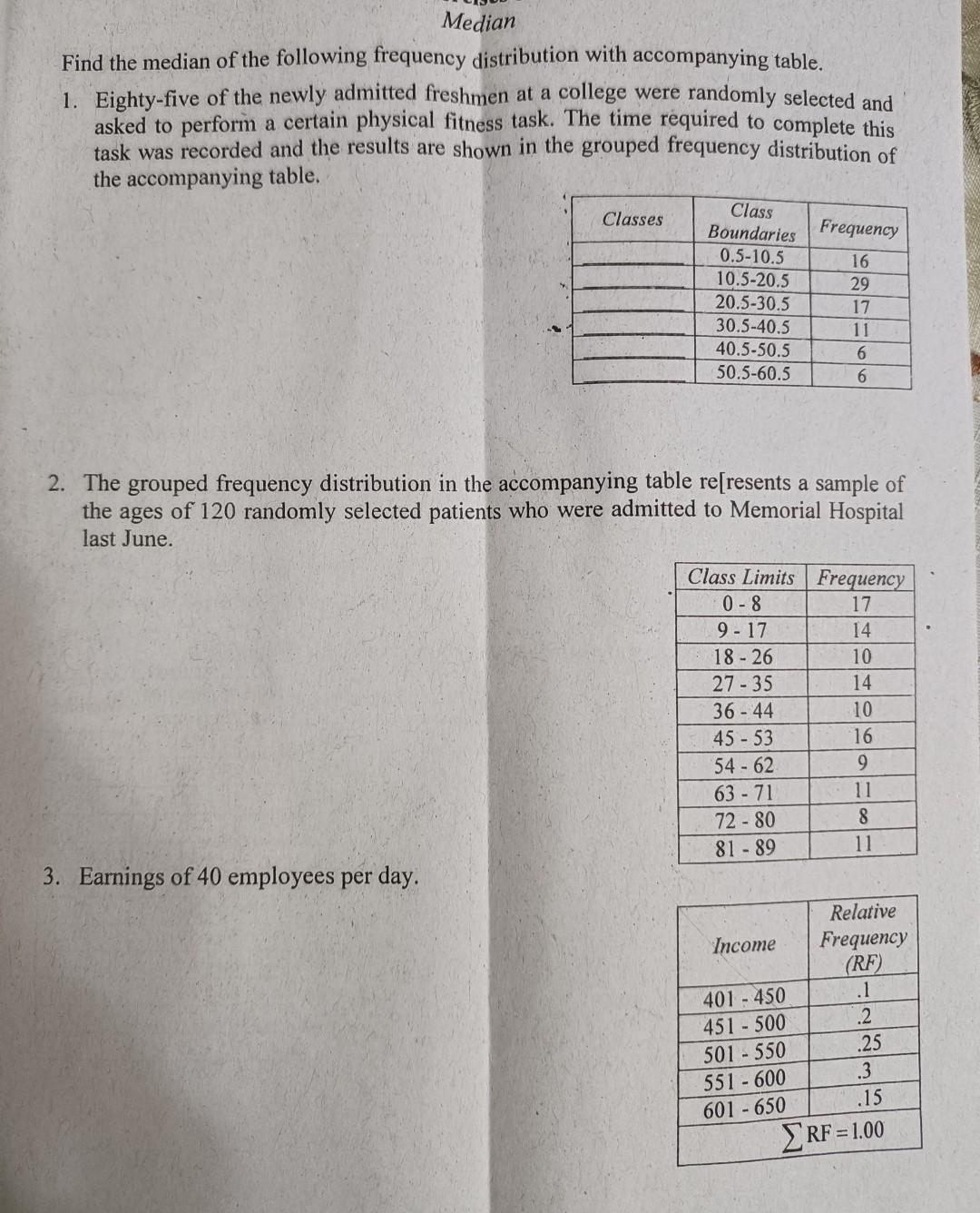 Median Find The Median Of The Following Frequency Distribution With Accompanying Table 1 Eighty Five Of The Newly Admi 1
