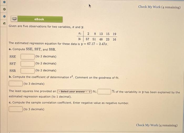 Ebook Given Are Five Observations For Two Variables And Y Ii 2 8 13 15 19 Yi 57 51 48 23 16 The Estimated Regression E 1