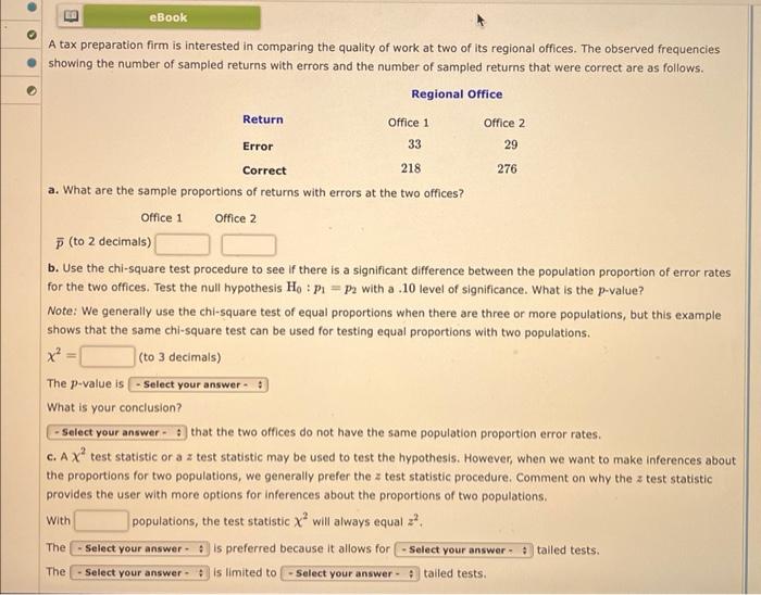 Ebook A Tax Preparation Firm Is Interested In Comparing The Quality Of Work At Two Of Its Regional Offices The Observed 1