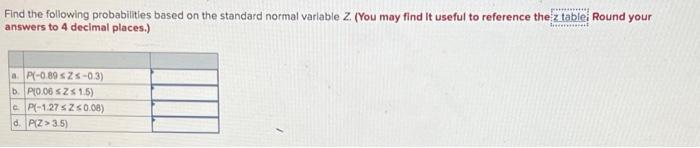 Find The Following Probabilities Based On The Standard Normal Variable Z You May Find It Useful To Reference The Z Tab 1