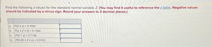 Find The Following Z Values For The Standard Normal Variable Z You May Find It Useful To Reference The Z Table Negati 1