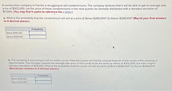 A Construction Company In Florida Is Struggling To Sell Condominiums The Company Believes That It Will Be Able To Get A 1