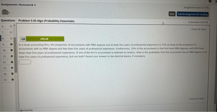 Assignment Homework 11 Questions Problem 5 05 Algo Probability Essentials 8 9 10 11 O 12 13 14 O 15 Save O Jo 1