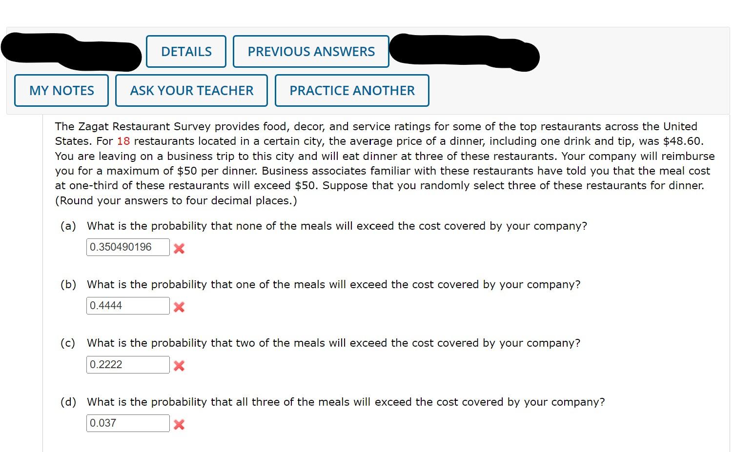 My Notes Details Previous Answers Ask Your Teacher Practice Another The Zagat Restaurant Survey Provides Food Decor An 1