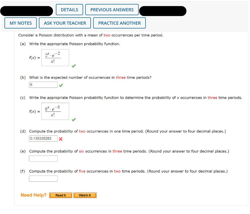 My Notes F X Ask Your Teacher Details Consider A Poisson Distribution With A Mean Of Two Occurrences Per Time Period 1
