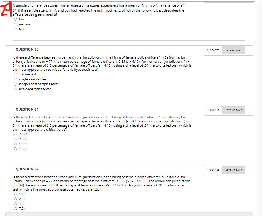 29 A Sample Of Difference Scores From A Repeated Measures Experiment Has A Mean Of Mp 5 With A Variance Of S 64 If 1