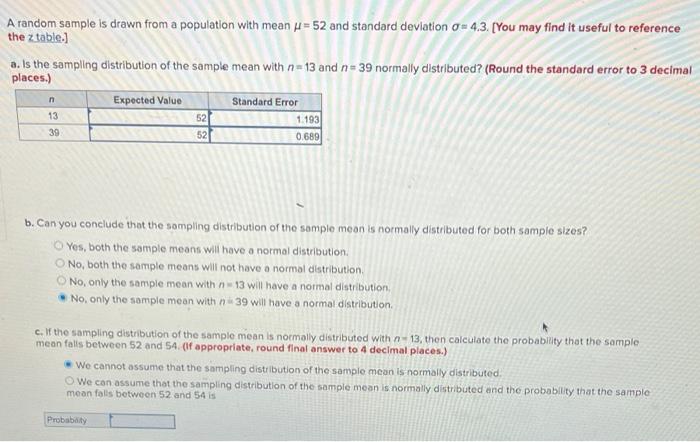 A Random Sample Is Drawn From A Population With Mean 52 And Standard Deviation 4 3 You May Find It Useful To Refer 1