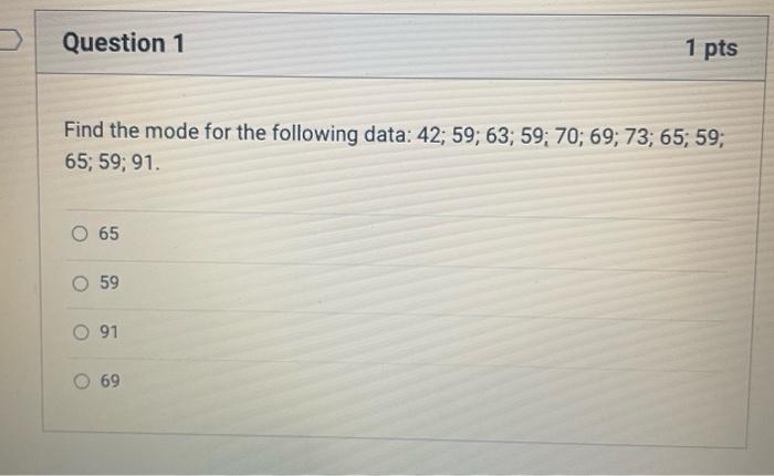 Question 1 Find The Mode For The Following Data 42 59 63 59 70 69 73 65 59 65 59 91 O 65 O 59 O 91 1 Pts 69 1