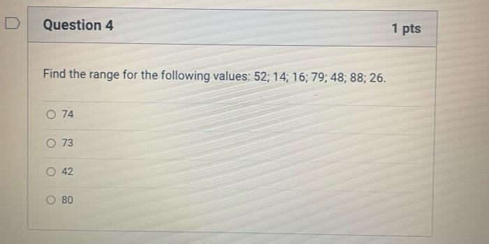 Question 4 Find The Range For The Following Values 52 14 16 79 48 88 26 O 74 O 73 O 42 80 1 Pts 1