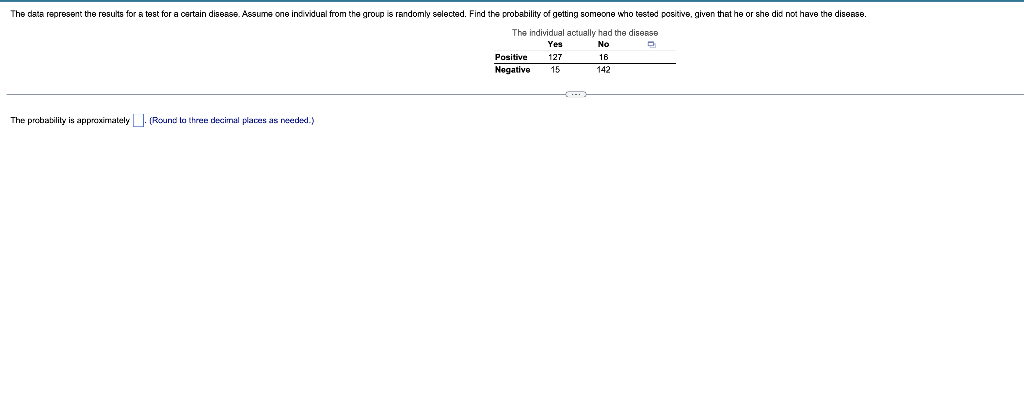 The Data Represent The Results For A Test For A Certain Disease Assume One Individual From The Group Is Randomly Select 1