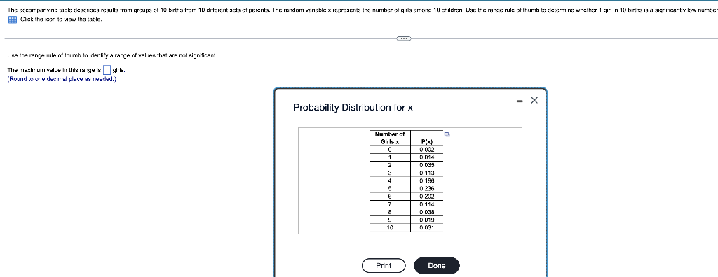 The Accompanying Table Describes Results From Groups Of 10 Births From 10 Different Sets Of Parents The Random Variable 1