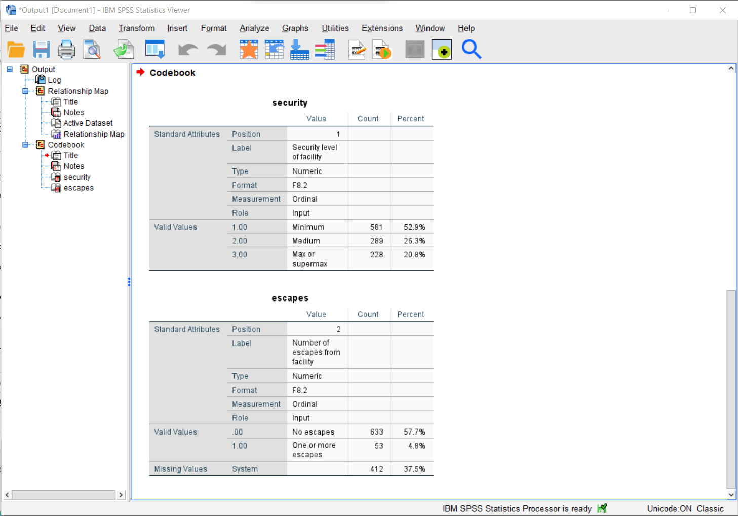 Output1 Document1 Ibm Spss Statistics Viewer Eile Edit View Data Iransform Insert Format Analyze Graphs Utilities E 1