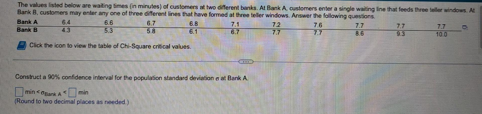 The Values Listed Below Are Waiting Times In Minutes Of Customers At Two Different Banks At Bank A Customers Enter A 1