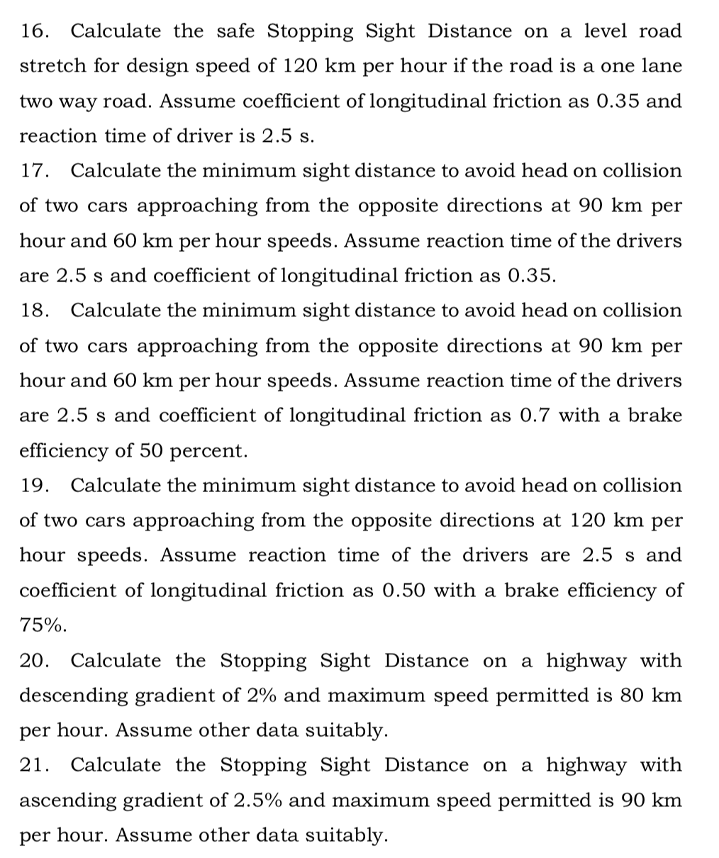 16 Calculate The Safe Stopping Sight Distance On A Level Road Stretch For Design Speed Of 120 Km Per Hour If The Road I 1