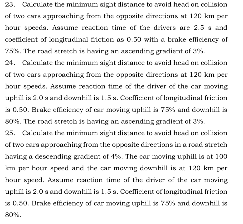 23 Calculate The Minimum Sight Distance To Avoid Head On Collision Of Two Cars Approaching From The Opposite Directions 1