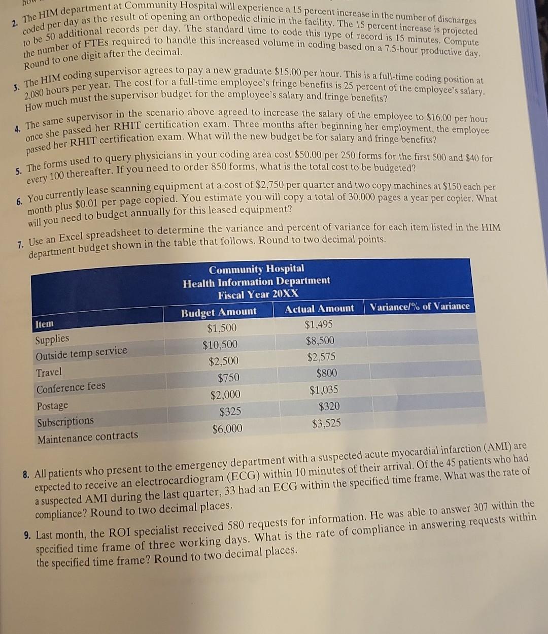 2 The Him Department At Community Hospital Will Experience A 15 Percent Increase In The Number Of Discharges Coded Per 1
