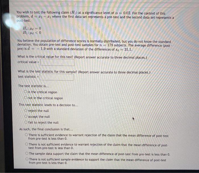 Sp22 Math122 122724 Online Ho Pd 0 H Hd 0 You Wish To Test The Following Claim H At A Significance Level Of A 2
