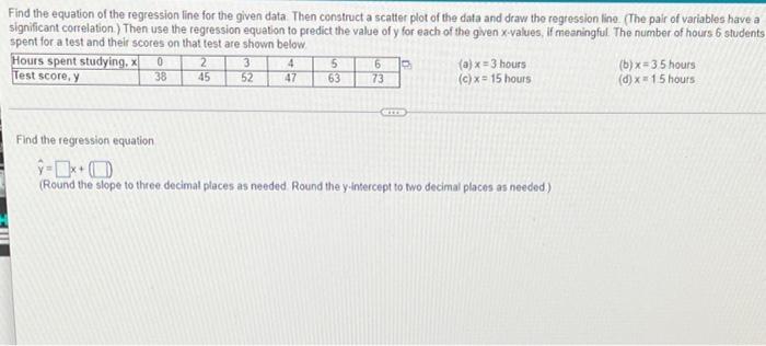 Find The Equation Of The Regression Line For The Given Data Then Construct A Scatter Plot Of The Data And Draw The Regr 1