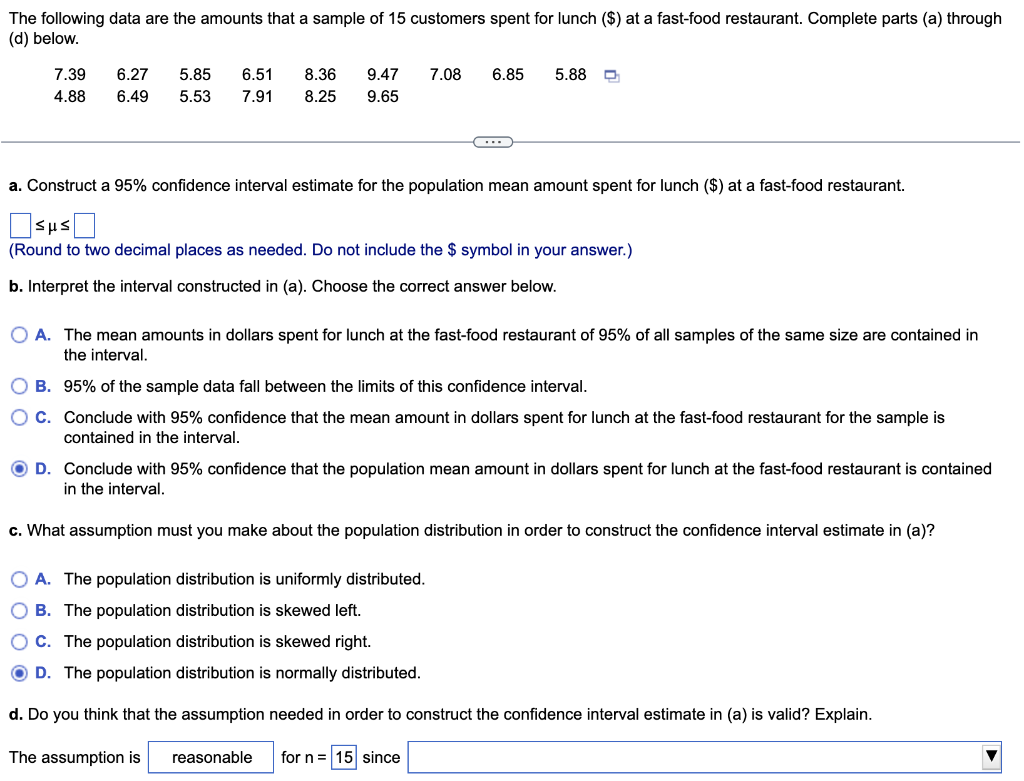 The Following Data Are The Amounts That A Sample Of 15 Customers Spent For Lunch At A Fast Food Restaurant Complete 1