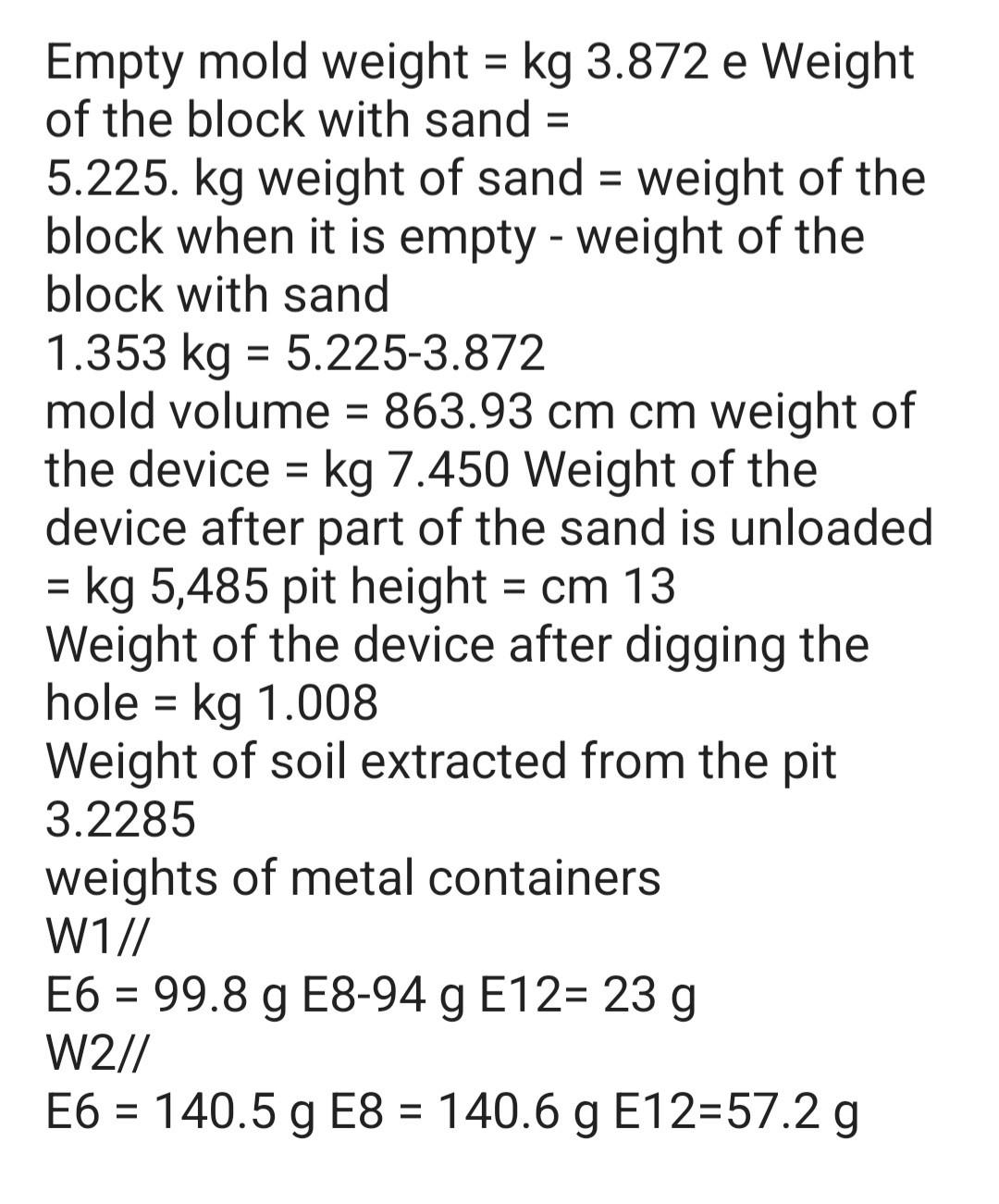 Empty Mold Weight Kg 3 872 E Weight Of The Block With Sand 5 225 Kg Weight Of Sand Weight Of The Block When It Is 1