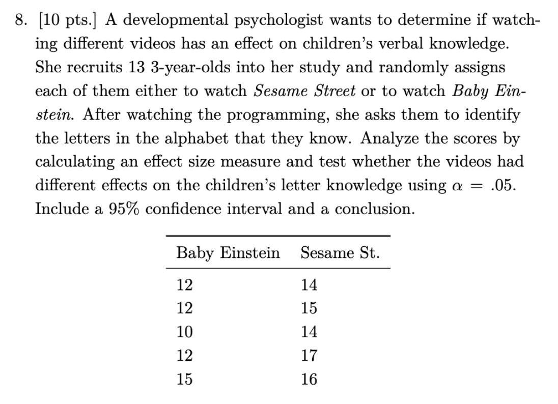 8 10 Pts A Developmental Psychologist Wants To Determine If Watch Ing Different Videos Has An Effect On Children S 1