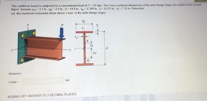 The Cantilever Beam Is Subjected To A Concentrated Load Of P 41 Kips The Cross Sectional Dimensions Of The Wide Tange 1