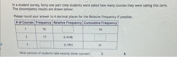 In A Student Survey Forty One Part Time Students Were Asked How Many Courses They Were Taking This Term The Incomplet 1