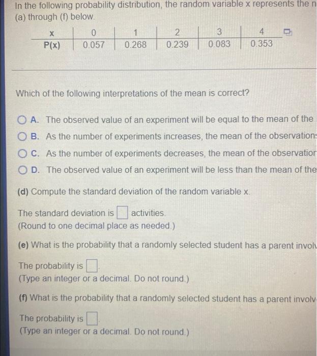 In The Following Probability Distribution The Random Variable X Represents The Number Of Activities A Parent Of A 6th T 4