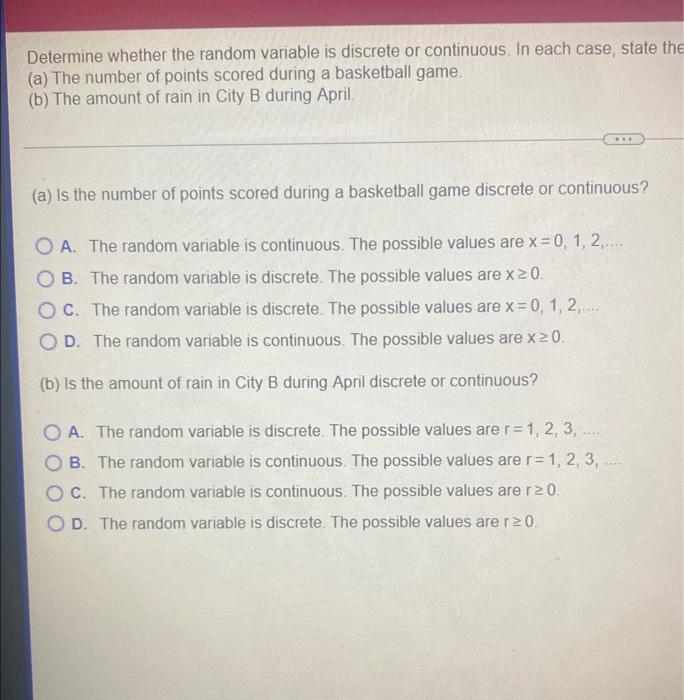 Determine Whether The Random Variable Is Discrete Or Continuous In Each Case State The Possible Values Of The Random Va 2