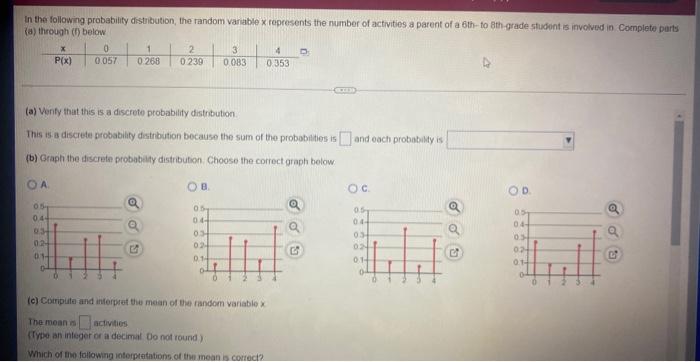In The Following Probability Distribution The Random Variable X Represents The Number Of Activities A Parent Of A 6th T 1