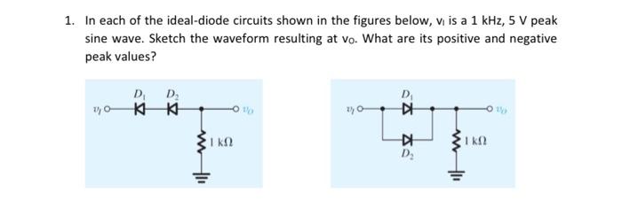 1 In Each Of The Ideal Diode Circuits Shown In The Figures Below Vi Is A 1 Khz 5 V Peak Sine Wave Sketch The Wavefor 1