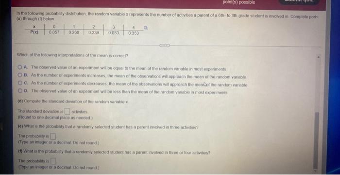 In The Following Probability Distribution The Random Variable X Represents The Number Of Activities A Parent Of A 6th T 3