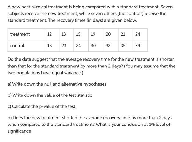 A New Post Surgical Treatment Is Being Compared With A Standard Treatment Seven Subjects Receive The New Treatment Whi 1