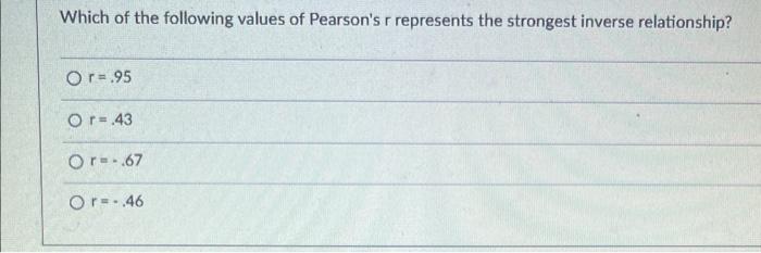 Which Of The Following Values Of Pearson S R Represents The Strongest Inverse Relationship O R 95 Or 43 Or 67 Or 1