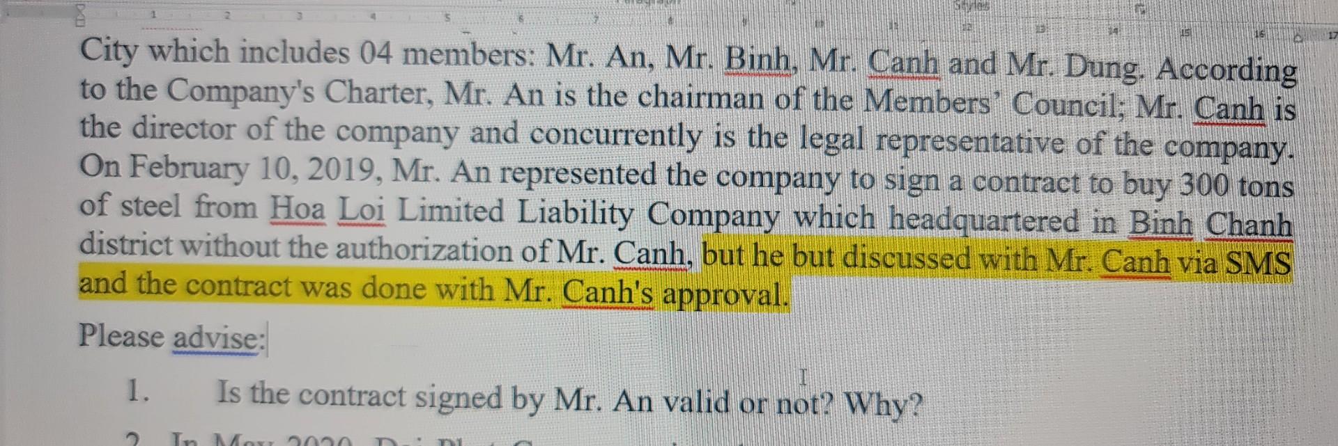 1 S City Which Includes 04 Members Mr An Mr Binh Mr Canh And Mr Dung According To The Company S Charter Mr An 1
