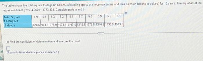 The Table Shows The Total Square Footage In Billions Of Retailing Space At Shopping Centers And Their Sales In Billio 1